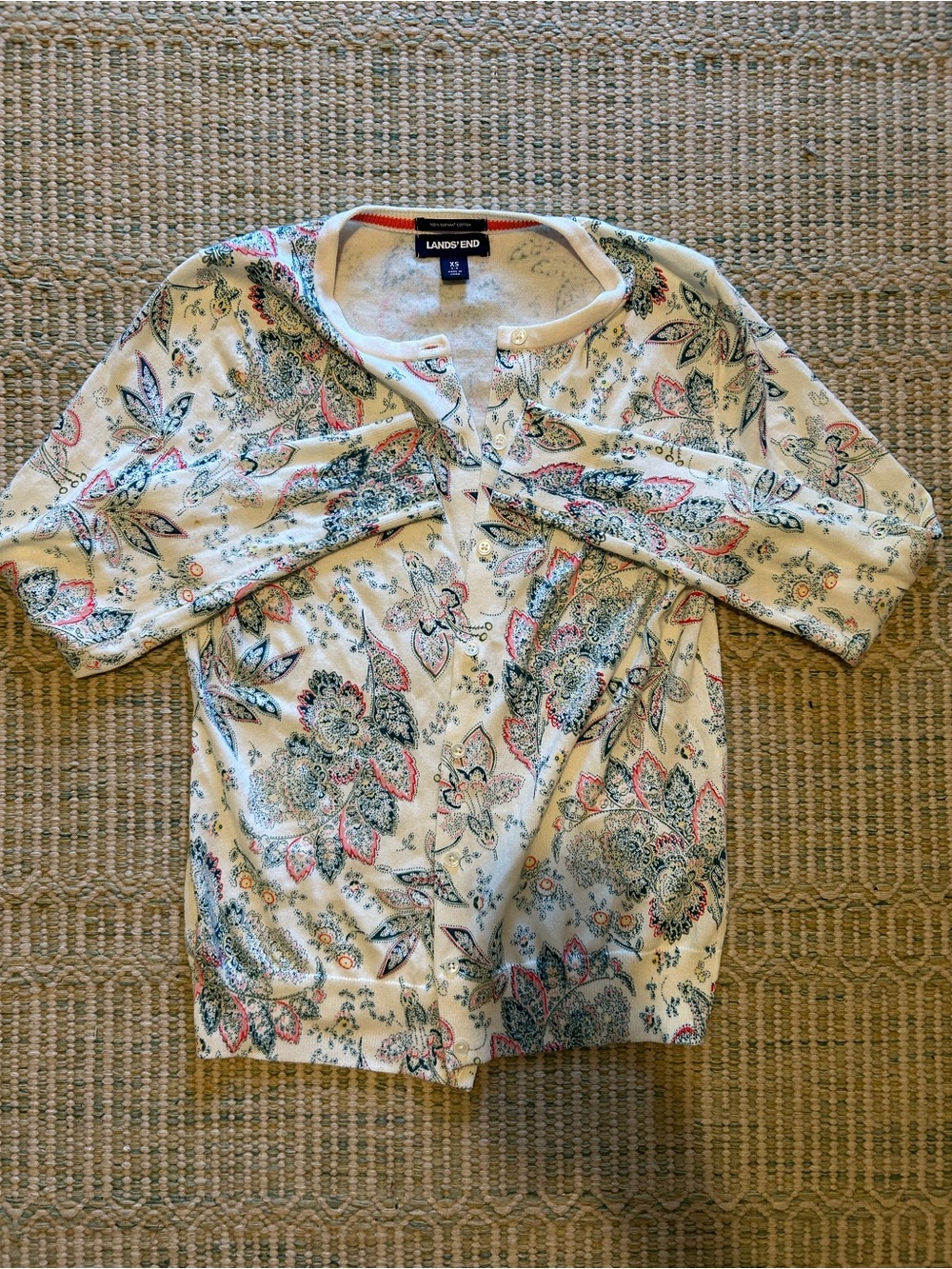 Lands' End Floral Cardigan Top in Cream with Floral Design